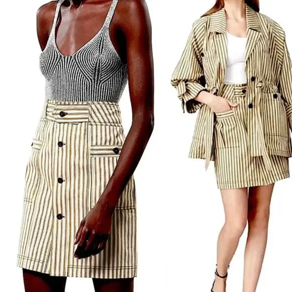 Mara Hoffman Lici Linen Skirt High Waisted Striped Button Front Size 2 Preowned - Picture 1 of 8